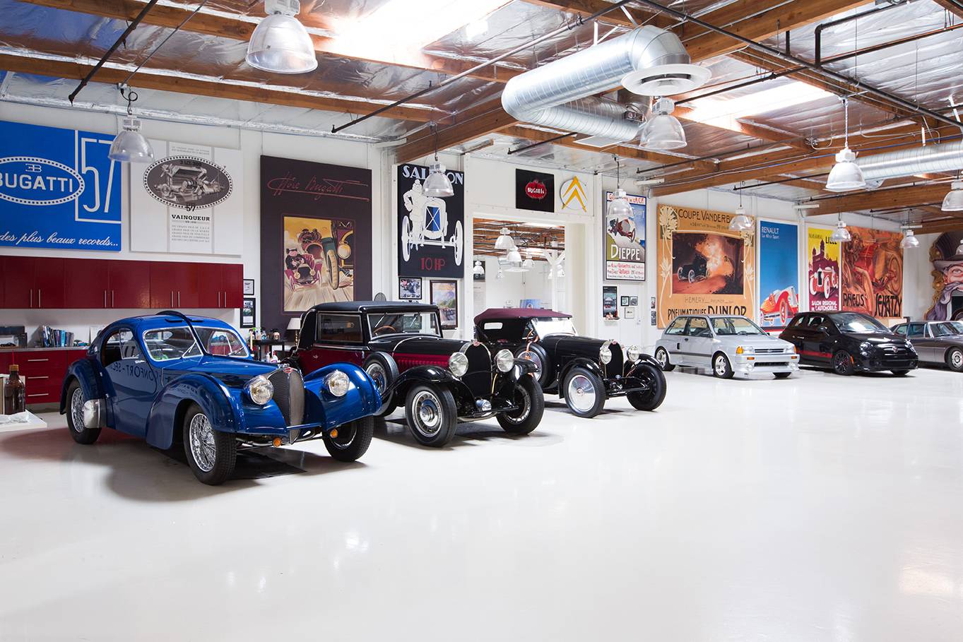 1937 Bugatti Type 57 SC Atlantic, 1932 Bugatti Type 49, 1929 Bugatti Type 40, 1989 Ford Festiva SHOgun + 2013 Fiat Abarth